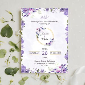 Purple Wedding Invitation Template Floral Editable Digital Invite Printable Pastel Wedding Invitation Instant Download DIY Wedding
