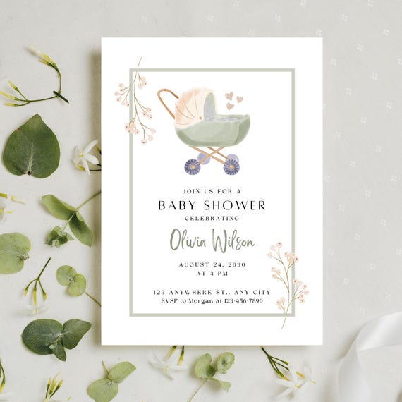 Baby Shower Invitation Sage Green Neutral Gender Elegant Design Minimalist Customizable Invite Template Announcement Card For Boys and Girls