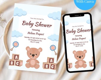 Boy Baby Shower Invitation Blue Baby Boy Shower Template Blue Teddy Bear Invite Editable Digital Baby Shower Printable Instant Download