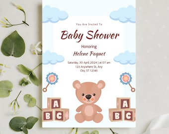 Blue Teddy Bear Baby Shower Invitation: Editable Template (Digital Download 5x7" PDF, PNG, JPG)