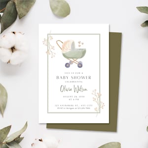 Invitación verde para baby shower, diseño elegante, neutral, minimalista, personalizable, para niños y niñas.