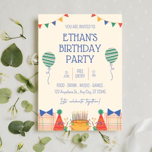 Modelo de convite para festa de aniversário infantil para impressão Convite para festa de aniversário personalizável Design moderno e divertido Download digital