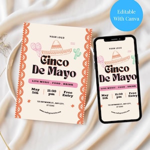 Carte d'invitation Cinco De Mayo, modifiable, invitation à une fête, modèle imprimable, invitation à une célébration fiesta, téléchargement immédiat