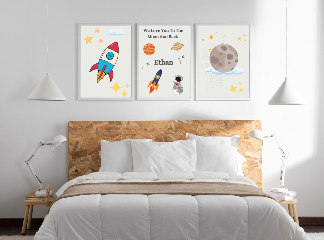 Set of 3 Custom Space Themed Nursery Wall Art Print Personalized Name ...