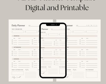 May include: A printable daily planner template for organizing tasks and goals. The template is designed for people with ADHD and includes sections for top priorities, morning, afternoon, evening, and affirmations.