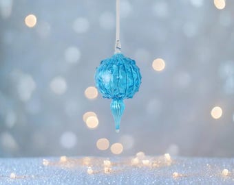 Blown Blue Glass Christmas Ornament, Handmade Holiday Tree Decor, Unique Winter Hanging Bauble, Gift for Her, Festive Ornament