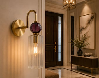 Moderne Messing Wandleuchte, Gerippte Glas Wandleuchte, Nachttischlampe, Badezimmer Eitelkeit Beleuchtung, Handgefertigte Glas Leuchte