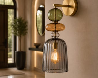 Murano Glass Wall Sconce, Brass Wall Light, Handmade Glass Wall Lamp, Modern Luxury Lighting Fixture, Designer Bedside Sconce, Blown Glass