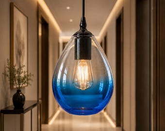 Handmade Blown Glass Pendant Light, Aqua Blue Modern Lighting
