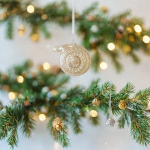Blown Glass Christmas Ornament, Handmade Spiral Design, Holiday Tree Decor, Handmade Gold Glass Bauble, Unique Gift