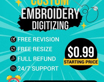 May include: A turquoise blue background with a black and white graphic of a needle and thread. The text "CUSTOM EMBROIDERY DIGITIZING" is in yellow and black. The text "FREE REVISION", "FREE RESIZE", "FULL REFUND", and "24/7 SUPPORT" is in white with black icons. A black circle with white text says "$0.99 STARTING PRICE". A red alarm clock with a happy face is at the bottom of the image. The text "1 HOUR TURNAROUND TIME" is in white.