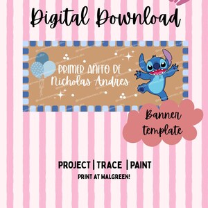 May include: A digital download banner template featuring a pink and white striped background. The central rectangular banner has a tan centre, blue and white striped border, blue balloons, and a blue character illustration with the text Primer Anito De Nicholas Andres.