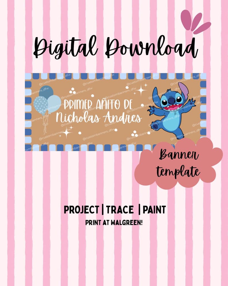 May include: A digital download banner template featuring a pink and white striped background. The central rectangular banner has a tan centre, blue and white striped border, blue balloons, and a blue character illustration with the text Primer Anito De Nicholas Andres.