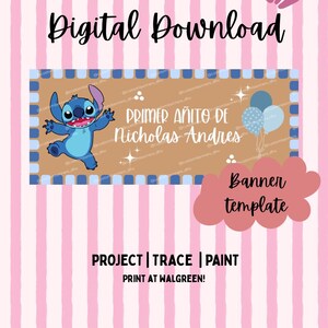 May include: A digital download banner template featuring a light pink and white striped background. The central rectangular graphic is tan with a blue checkered border, displaying a blue alien character, balloons, and the text Primer A&ntilde;ito de Nicholas Andres.