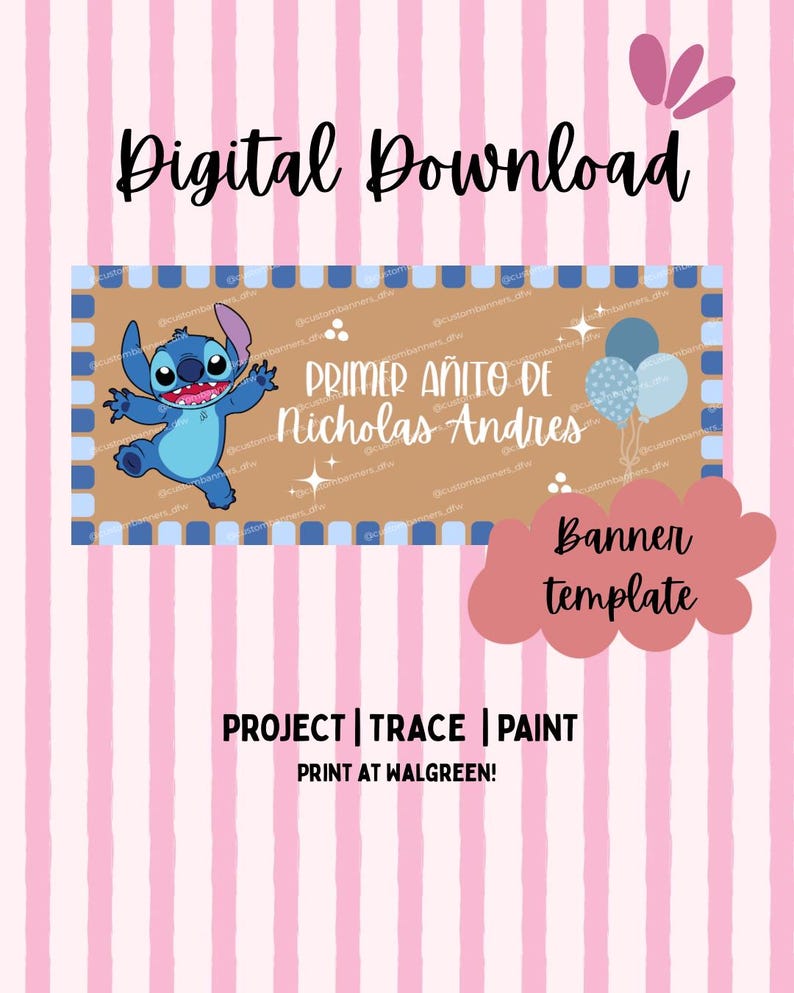 May include: A digital download banner template featuring a light pink and white striped background. The central rectangular graphic is tan with a blue checkered border, displaying a blue alien character, balloons, and the text Primer A&ntilde;ito de Nicholas Andres.
