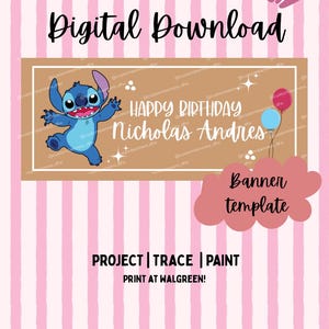 May include: A digital download banner template featuring a light pink and white striped background. The central tan rectangular banner displays a blue cartoon character, the text "HAPPY BIRTHDAY Nicholas Andres", and two balloons.