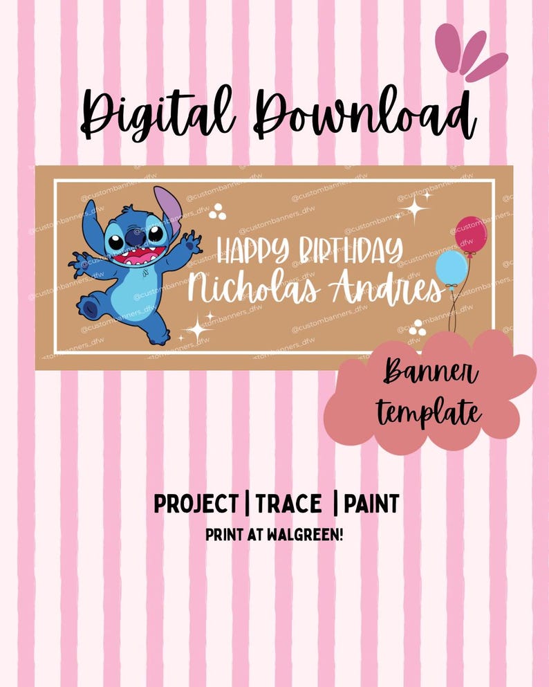 May include: A digital download banner template featuring a light pink and white striped background. The central tan rectangular banner displays a blue cartoon character, the text "HAPPY BIRTHDAY Nicholas Andres", and two balloons.