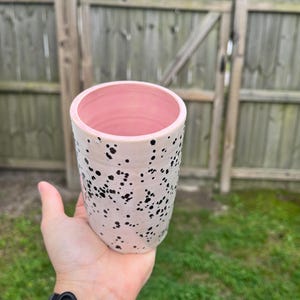 Speckled Ceramic Tumbler with Purple Interior – Handmade Pottery Cup – Modern Minimalist Pink Mug