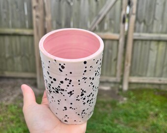 Speckled Ceramic Tumbler with Purple Interior – Handmade Pottery Cup – Modern Minimalist Pink Mug