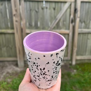 Speckled Ceramic Tumbler with Purple Interior – Handmade Pottery Cup – Modern Minimalist Lavender Mug