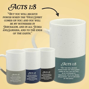May include: A set of four ceramic mugs with a speckled white upper section and a solid coloured lower section. Each mug features the text Acts 1:8 and the full Bible verse printed in black. The mugs are shown in grey, navy, black, and teal.