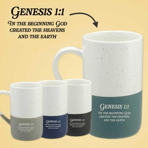 May include: A collection of four ceramic mugs with a speckled white upper section and a solid coloured lower base in teal, grey, navy, and black. Each mug features the text Genesis 1:1 In the beginning God created the heavens and the earth.