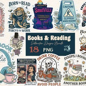 Peut inclure: Un ensemble de 18 motifs de sublimation numériques illustrant des thèmes de lecture, incluant un squelette lisant, des canards avec des livres, une bibliothécaire, des écouteurs et des textes comme Books & Reading, SmutVille et Audiobook Girlie.
