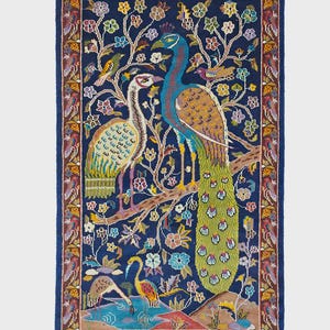AFGHAN RUG, ORIENTAL Rug, Peacock Pictorial Rug - 3x5 Ft, Hand Knotted Fine Wool Rug, Peacocks Birds Trees Art Rug, Unique Home Decor