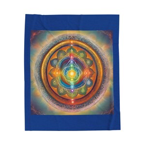 May include: A colorful mandala with seven chakras, each represented by a different color, surrounded by a golden frame. The chakras are arranged in a vertical line, with the root chakra at the bottom and the crown chakra at the top. The mandala is set against a blue background.