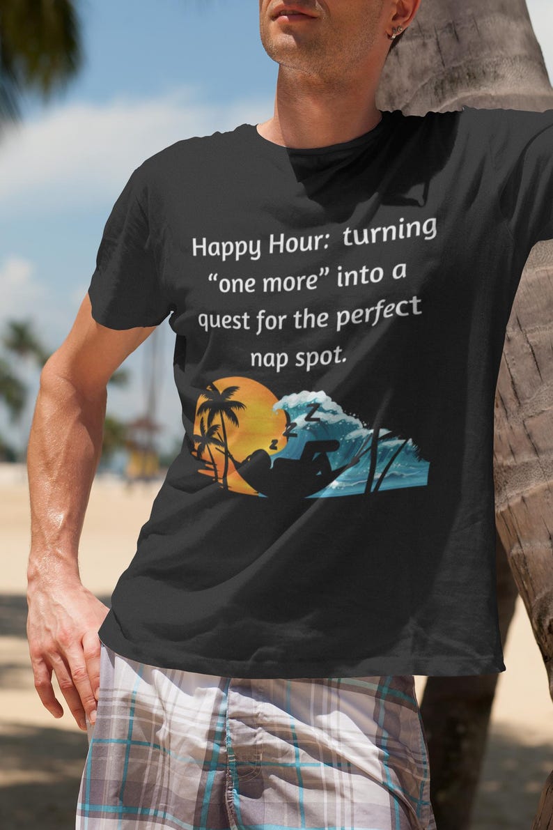 Graphic of person's silhouette in a hammock between 2 palm trees with an orange setting sun and a big blue wave behind.
Caption reads Happy Hour: turning one more into a quest for the perfect nap spot