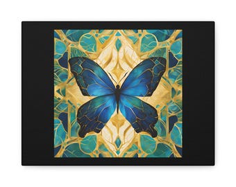 Op vlinders geïnspireerde canvaskunst aan de muur, levendig huisdecor, uniek cadeau voor natuurliefhebbers, ruimtedecor meditatie, blauw prachtig kunstwerk, cadeau