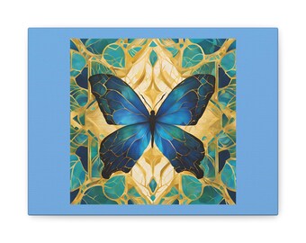 Op vlinders geïnspireerde canvaskunst aan de muur, levendig huisdecor, uniek cadeau voor natuurliefhebbers, ruimtedecor meditatie, blauw prachtig kunstwerk, cadeau