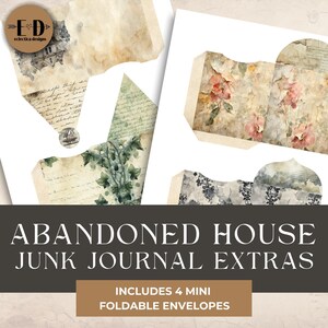Kit de diario de basura de casa abandonada, 4 sobres digitales, diario de basura de casa abandonada, efímera imprimible, sobres plegables