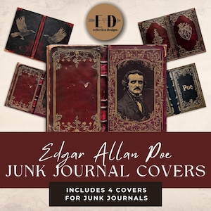Edgar Allan Poe Junk Journal Digitales Papier, Schriftsteller, 6 Digitales Journal Cover, Poesie, druckbare Ephemera, Papiermodelle, Collage