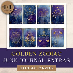 Złoty dziennik zodiaku Junk Paper cyfrowy, Celestial, cyfrowe karty dziennika, karty horoskopu, drukowane efemerydy, dekoracyjne karty, zodiak