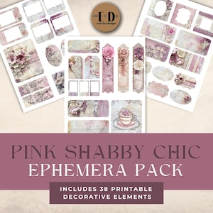 Pink Shabby Chic Junk Journal Digital Paper, 4 Digital Journal Ephemera, Pink Junk Journal Kit Girly, Printable Ephemera, Paper Craft