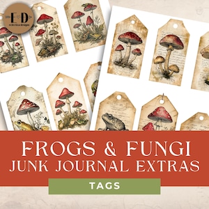 Frogs & Fungi Junk Journal Kit, 12 Digital Journal Tags, Mushroom Junk Journal, Printable Ephemera, Frog Junk Journal, mushroom tag