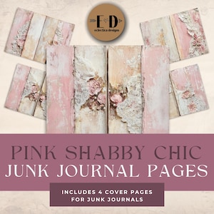 Pink Shabby Chic Junk Journal Digital Paper, 4 Digital Journal Covers, Pink Junk Journal Kit Girly, Printable Ephemera, Paper, Journal Cover