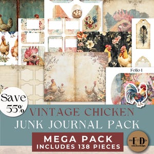Vintage Chicken Junk Journal Digital Paper, Junk Journal Mega Pack, Chicken Junk Journal kit, Printable Ephemera, Paper Craft, Collage