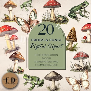 Frogs & Fungi Clipart for commercial use, Transparent PNG, Mushroom, Nature, Natural, Cottage, Cottagecore