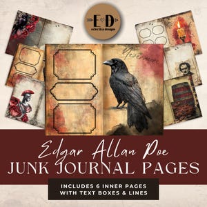 Edgar Allan Poe Junk Journal Digitales Papier, Schriftsteller, 6 Digitales Journal, Poesie, Printable Ephemera, Papiermodell, Collage, 11 x 8,5