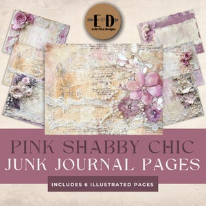 Pink Shabby Chic Junk Journal Digital Paper, 6 Digital Journal Pages, Pink Junk Journal Kit Girly, Printable Ephemera, Paper Craft, 11x8.5