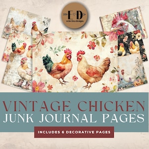 Vintage Chicken Junk Journal Digital Paper, 6 Digital Journal Pages, Chicken Junk Journal, Printable Ephemera, Paper Craft, Collage, 11x8.5