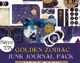 Golden Zodiac Junk Journal Digital Paper, Celestial, Junk Journal Mega Pack, Horoscope, Printable Ephemera, Paper Craft, Collage, 11 x 8.5