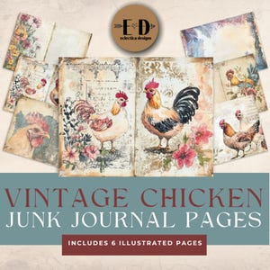 Vintage Chicken Junk Journal Digital Paper, 6 Digital Journal Pages, Chicken Junk Journal, Printable Ephemera, Paper Craft, Collage, 11x8.5