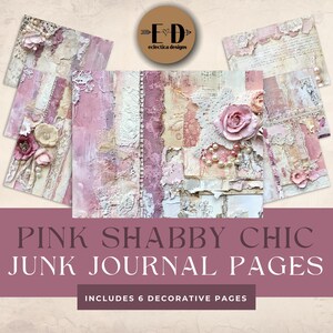 Pink Shabby Chic Junk Journal Digital Paper, 6 Digital Journal Pages, Pink Junk Journal, Printable Ephemera, Paper Craft, Collage, 11x8.5