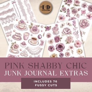 Pink Shabby Chic Junk Journal Digital Paper, 4 Digital Journal Fussy Cuts, Pink Junk Journal Kit Girly, Printable Ephemera, Paper, Clipart