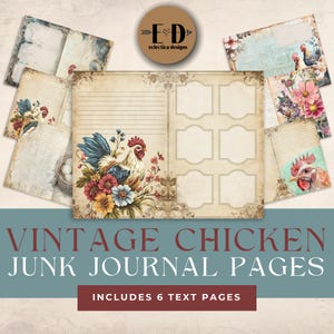Vintage Chicken Junk Journal Digital Paper, 6 Digital Journal Pages, Chicken Junk Journal, Printable Ephemera, Paper Craft, Collage, 11x8.5