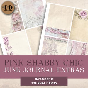 Pink Shabby Chic Junk Journal Digital Paper, 4 Digital Journal Cards, Pink Junk Journal Kit Girly, Printable Ephemera, Pink Journal Cards