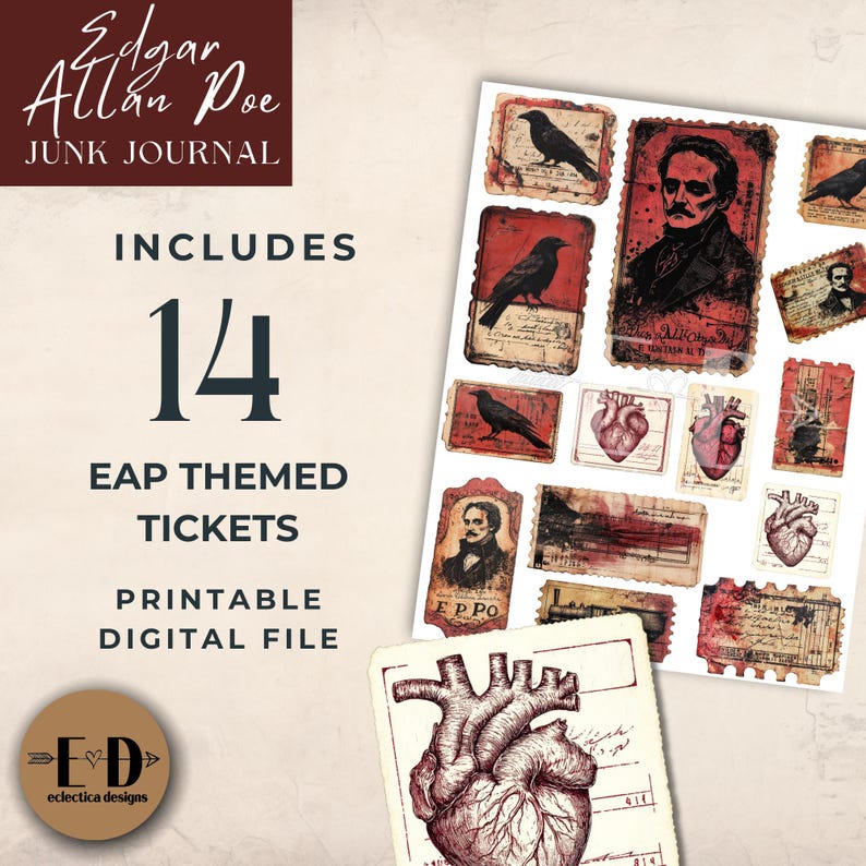 Edgar Allan Poe Junk Journal Digital Paper, Tickets, Digital Junk ...
